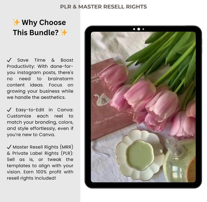 May include: A digital tablet displaying a photo of pink tulips and a cup of green tea on a white surface. The text on the screen reads "Why Choose This Bundle?" and lists the benefits of purchasing the bundle, including "Save Time & Boost Productivity", "Easy-to-Edit in Canva", and "Master Resell Rights (MRR) & Private Label Rights (PLR)".