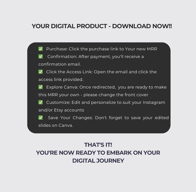 May include: A checklist with green checkmarks next to each step for downloading a digital product. The steps include purchasing the product, confirming the purchase, clicking the access link, exploring Canva, customizing the product, and saving changes. The text "YOUR DIGITAL PRODUCT - DOWNLOAD NOW!!" is at the top of the checklist. The text "THAT'S IT! YOU'RE NOW READY TO EMBARK ON YOUR DIGITAL JOURNEY" is at the bottom of the checklist.