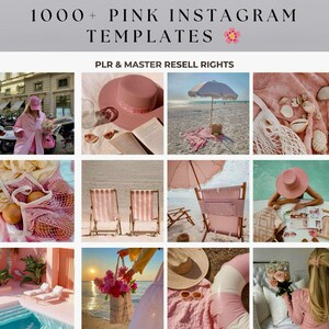 May include: A collage of images featuring pink and white beach-themed items, including a pink hat, a pink beach umbrella, a pink beach bag, and a pink beach towel. The images are arranged in a grid pattern and are all in a similar style. The text "1000+ PINK INSTAGRAM TEMPLATES" and "PLR & MASTER RESELL RIGHTS" is visible at the top of the collage.