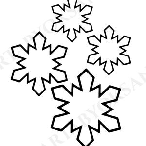 May include: Five black and white snowflake designs arranged diagonally on a white background. Each snowflake has a unique, symmetrical shape with pointed edges, creating a wintery theme. The image is suitable for holiday-themed crafts or decorations.