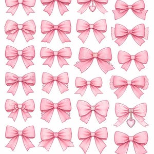 May include: A collection of pink bows in various styles. Some bows have embellishments like heart-shaped charms or sparkling details. The bows are arranged on a white background, creating a visually appealing pattern.