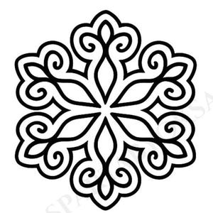May include: Black and white snowflake design with a symmetrical, six-pointed shape. Each point features a series of curved lines and swirls, creating an intricate and decorative pattern. The design is set against a plain white background.