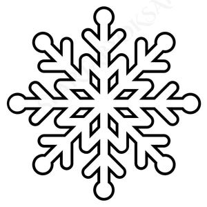 May include: A black and white snowflake design. The snowflake has six symmetrical arms, each with a unique pattern of curves, points, and rounded tips. The center features a diamond-shaped pattern.