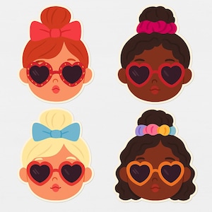 May include: Four cartoon illustrations of girls with different hair colours and styles wearing heart-shaped sunglasses. Each girl has a different coloured bow or hair tie.