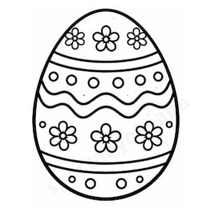 Könnte beinhalten: Schwarz-weiße Strichzeichnung eines Ostereis. Die Eiform ist mit drei Blumen oben und unten verziert, mit gewellten Linien und Kreisen dazwischen. Ein einfaches Design zum Ausmalen.