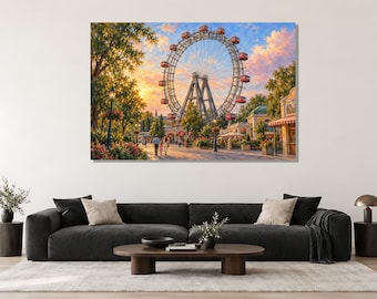 May include: A large rectangular wall art print depicting the Wiener Riesenrad ferris wheel in Vienna at sunset. The scene features a golden sky, lush green trees, and a paved walkway with people walking toward the iconic red passenger cabins.