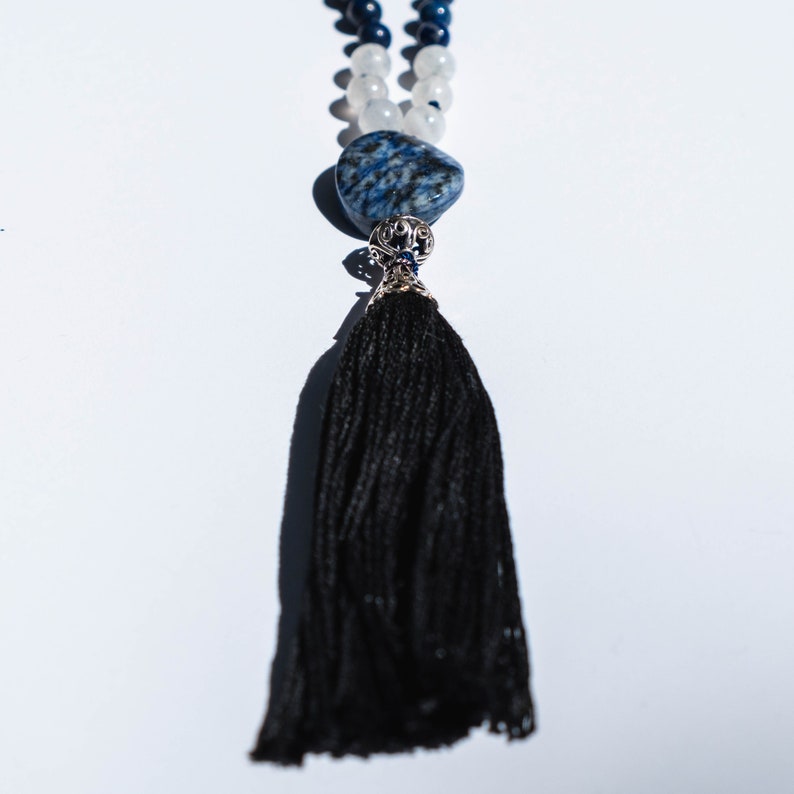 Sterling Silver .925 Handmade Gemstone Necklace BUDDAH Lapis Lazuli and Rainbow Moonstone Crystal Mala
