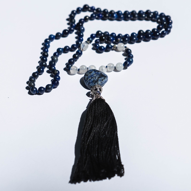 Sterling Silver .925 Handmade Gemstone Necklace BUDDAH Lapis Lazuli and Rainbow Moonstone Crystal Mala