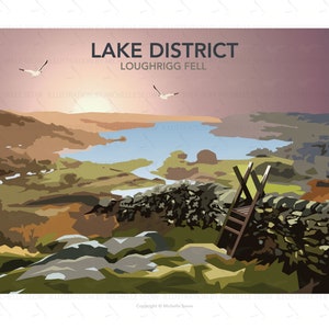 May include: A colourful illustration of a landscape scene with a lake, mountains, and a wooden ladder leaning against a stone wall. The text "LAKE DISTRICT LOUGHRIGG FELL" is at the top of the image.