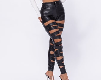 Front Cutout With Banding Skinny PU Pants