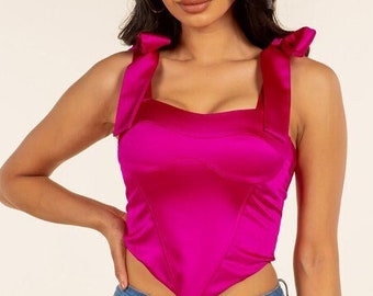 Satin tie shoulder bustier crop cami top