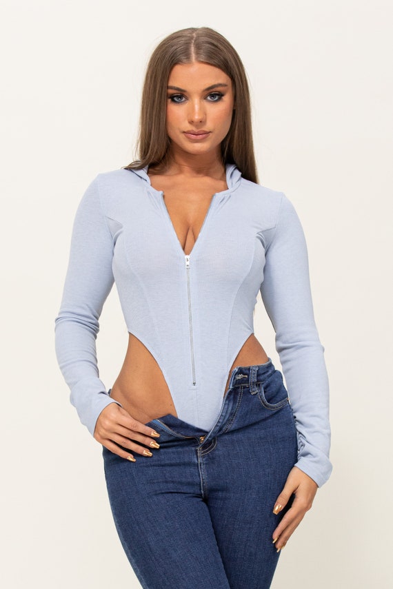 High Cut Out Ribbed Hoodie Bodysuit -  Canada