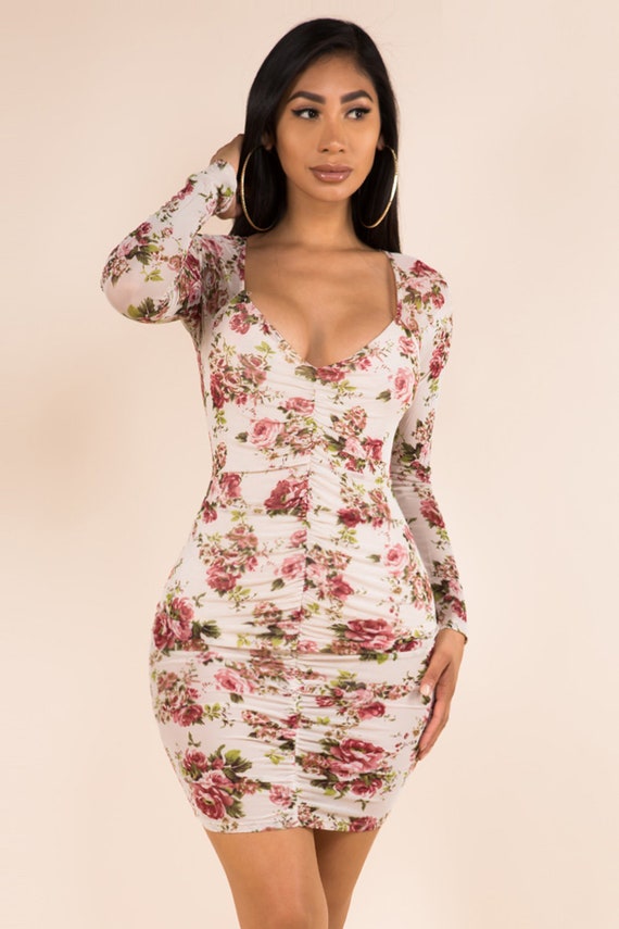 Flower Dress/Bodycon Dress/Long Sleeve Dress/Bodycon Etsy