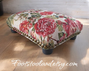 Floral Rose Victorian style Footstool: Handmade Upholstered Ottoman with Studs.