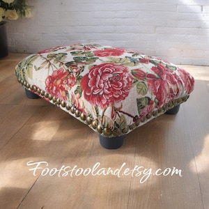 Floral Rose Victorian style Footstool: Handmade Upholstered Ottoman with Studs.