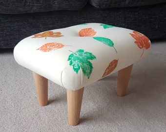 Unique Handpainted Footstool 24 cm height with wooden legs / Leaf Buttoned Small Low Footstool foot stool upholstered small bed step