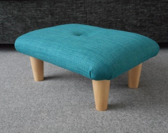 NEW Buttoned Teal 10-26 cm Solid small Footstool with wooden or plastic feet / upholstered handmade footrest bed step stool with BUTTON