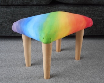 ART Handpainted unique small 26 cm Footstool with wooden feet / upholstered foot stool handmade footrest bed step pupil animal rainbow