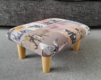 Antiwar Banksy Collage I Love You Photo Print Footstool NON PROFIT /12-26 cm small stool with wooden feet / upholstered footstool peace gift