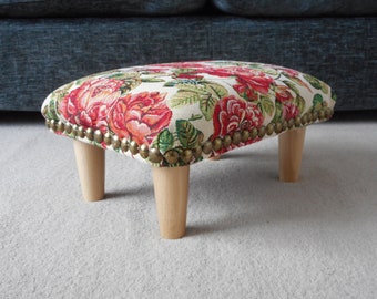 Small footstool with studs around and wooden legs, handmade victorian design rosa floral bed step, unique footrest or low seater for kids