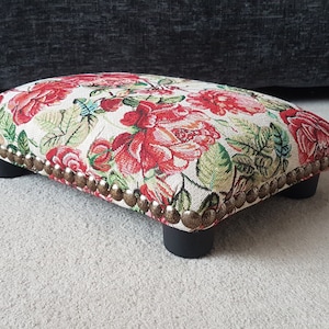 Studded under desk Footstool victorian style rosa floral / 12 cm small footstool / 5" upholstered footstool / handmade footrest bed step