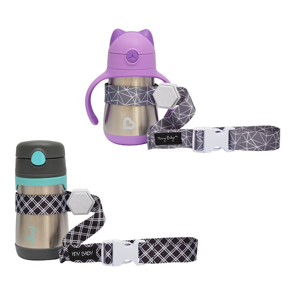 Hunny Baby Sippy Cup Strap for Baby Bottle | Toy Strap 2 Pack Snack Cup Leash with Rubber Grip for Stroller Highchair Cup Tether Grey / Blk
