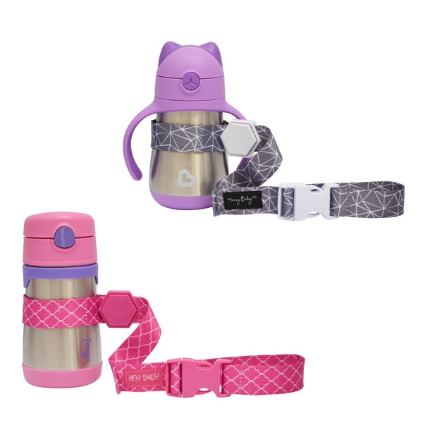 Hunny Baby Sippy Cup Strap for Baby Bottle | Toy Strap 2 Pack Snack Cup Leash with Rubber Grip for Stroller Highchair Cup Tether Grey / Pink