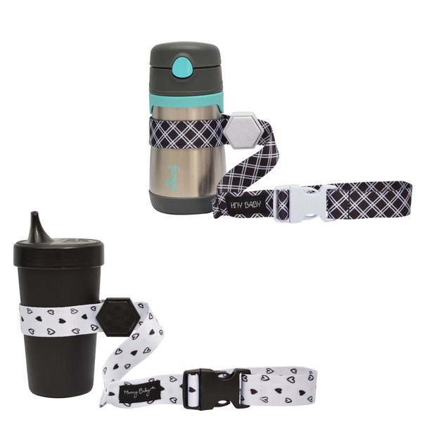 Hunny Baby Sippy Cup Strap for Baby Bottle | Toy Strap 2 Pack Snack Cup Leash with Rubber Grip for Stroller Highchair Cup Tether Blk / Hrts