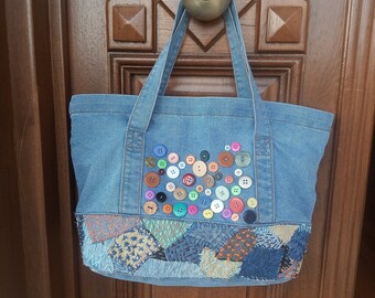 A handmade shopping bag that will only be with you!Recycled jeans. Women's bag of jeans . Unique bag for the fashionable woman 18" 11" 4.5"