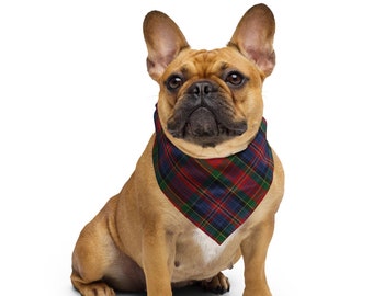 May include: A fawn-colored French bulldog wearing a red, blue, and green plaid bandana. The dog is sitting with its head tilted up and looking to the side.