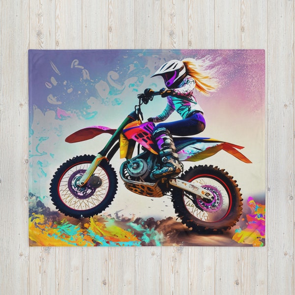Colorful Moto Girl Blanket 50" x 60" Soft Motocross Throw for Girl Dirtbike Motorcycle Bedroom Decor Gift
