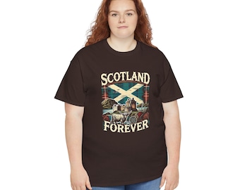 May include: A dark brown t-shirt with a graphic design featuring a Scottish flag, a castle, and the text "Scotland Forever".