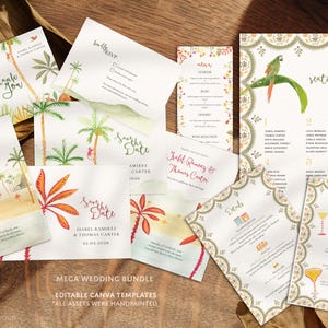 Op de afbeelding: Een verzameling trouwbriefpapier, waaronder uitnodigingen, plattegronden en menu's. De ontwerpen bevatten aquarel illustraties van palmbomen, tropische landschappen en decoratieve randen. De tekst bevat "Bedankt" en "Save the Date".