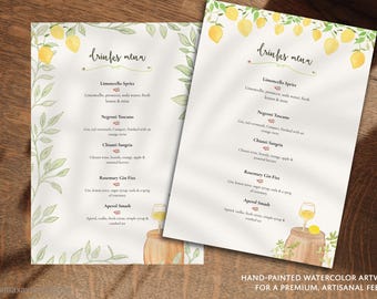 Tuscany Drinks Menu Template | Editable Canva | Italian Wedding Bar Sign | Watercolor Cocktail Menu