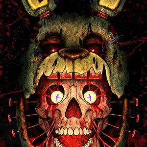 May include: Digital artwork of a green, decaying rabbit head with exposed skull and red blood splatter. The skull has glowing eyes and a wide, toothy grin. The artwork has a horror theme.