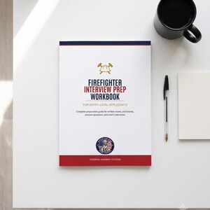 May include: A white workbook titled Firefighter Interview Prep Workbook for Entry-Level Applicants with a gold firefighter helmet icon, a circular logo featuring a dog and American flag, and red and blue horizontal stripes at the top and bottom.
