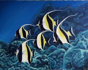 Original Oil Painting on Canvas, Moorish Idol fish painting, Ocean Art, Ocean Painting, 32x24" Large Painting, Wall Art, Wall Decor