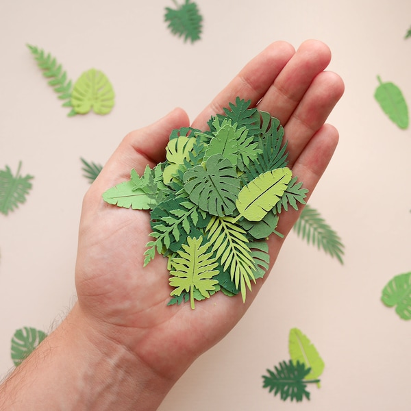 Green Tropical Leaves Confetti Jungle Leaves Wild One Party decor Greenery Botanical table scatter