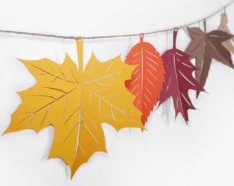 Autumn Leaves Garland paper leaf bunting in autumnal colours. Eco friendly Thanksgiving, wedding backdrop, fall home decor photography prop