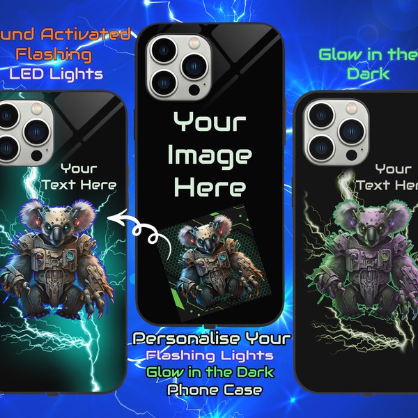 LED activée par le son personnalisée + Glow in the Dark Phone Cases, Custom Phone Case - iPhone x 11 12 13 Samsung S8 S9 S10 S20 S21 Series