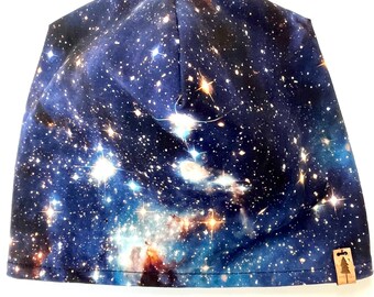 Slouchy Beanie Hat Blue Galaxy Print and Solid Black - Reversible