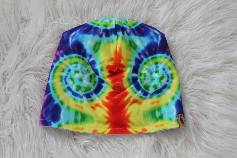 Men Woman Teen Kid Toddler Baby Girl Boy Unisex Reversible Rainbow Tie-Dye Print with Heathered Grey Slouchy Beanie Hat