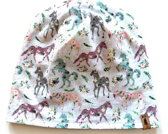 Bonnet ample à fleurs Chevaux sur gris et lilas chiné - Réversible