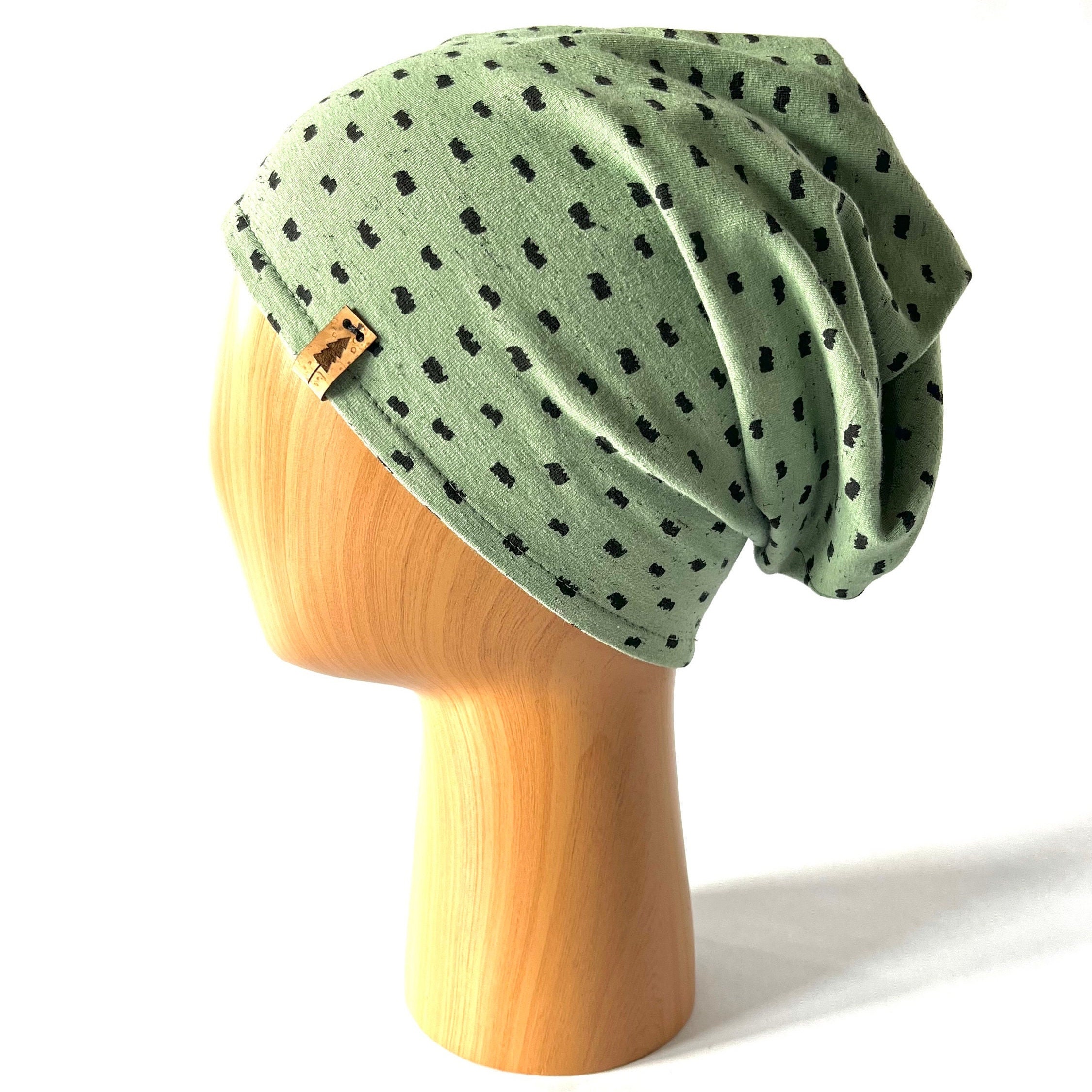 Sage Beanie With Slouchy Black Twisted Green Dots Ponytail Hat Etsy -