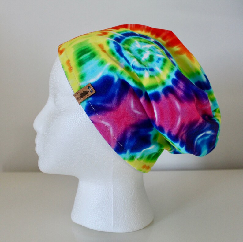 Men Woman Teen Kid Toddler Baby Girl Boy Unisex Reversible Rainbow Tie-Dye Print with Heathered Grey Slouchy Beanie Hat