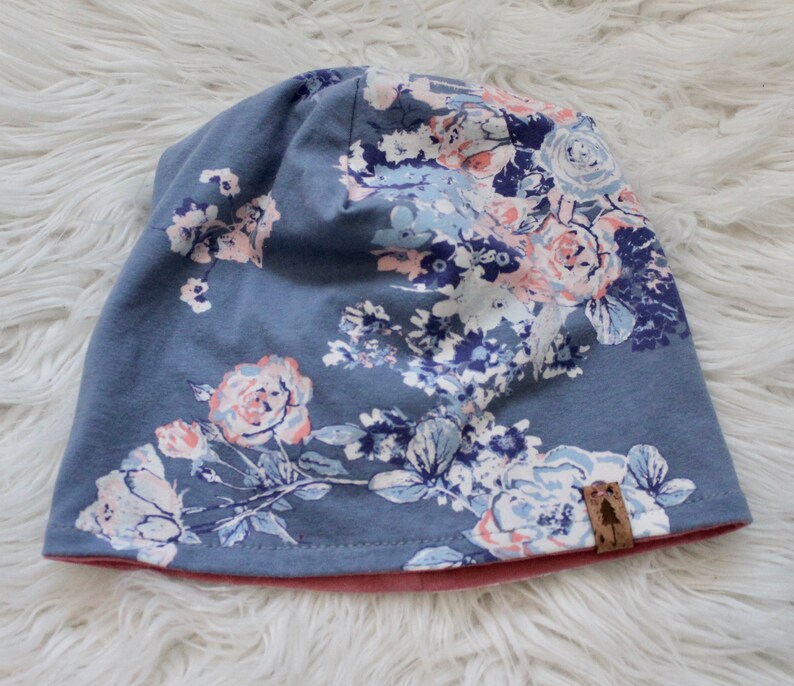 Newborn Baby Toddler Kids Girls Teens Adult Women Reversible Purple and Pink Floral Print with Solid Pink Slouchy Beanie Hat
