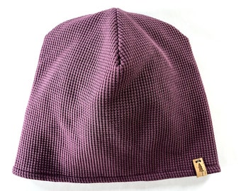 Waffle Beanie Hat Slouchy Purple and Charcoal Grey - Reversible