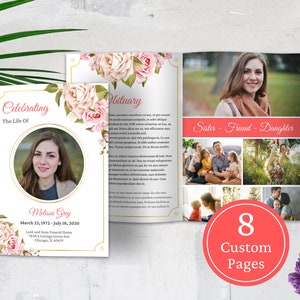 Floral Funeral Program Template for Women | Celebration of Life | Editable & Printable Canva Template With Poems | 5 x 7 Obituary