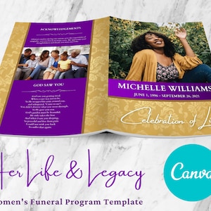 Royalty Purple Women's Funeral Program Template | Editable  Canva Template With Poem | 8.5 x 11 inch Obituary