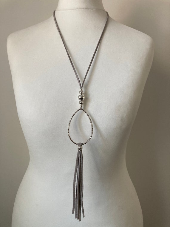 Boho Faux Suede Tassel Necklace: Tibetan Silver Pendant